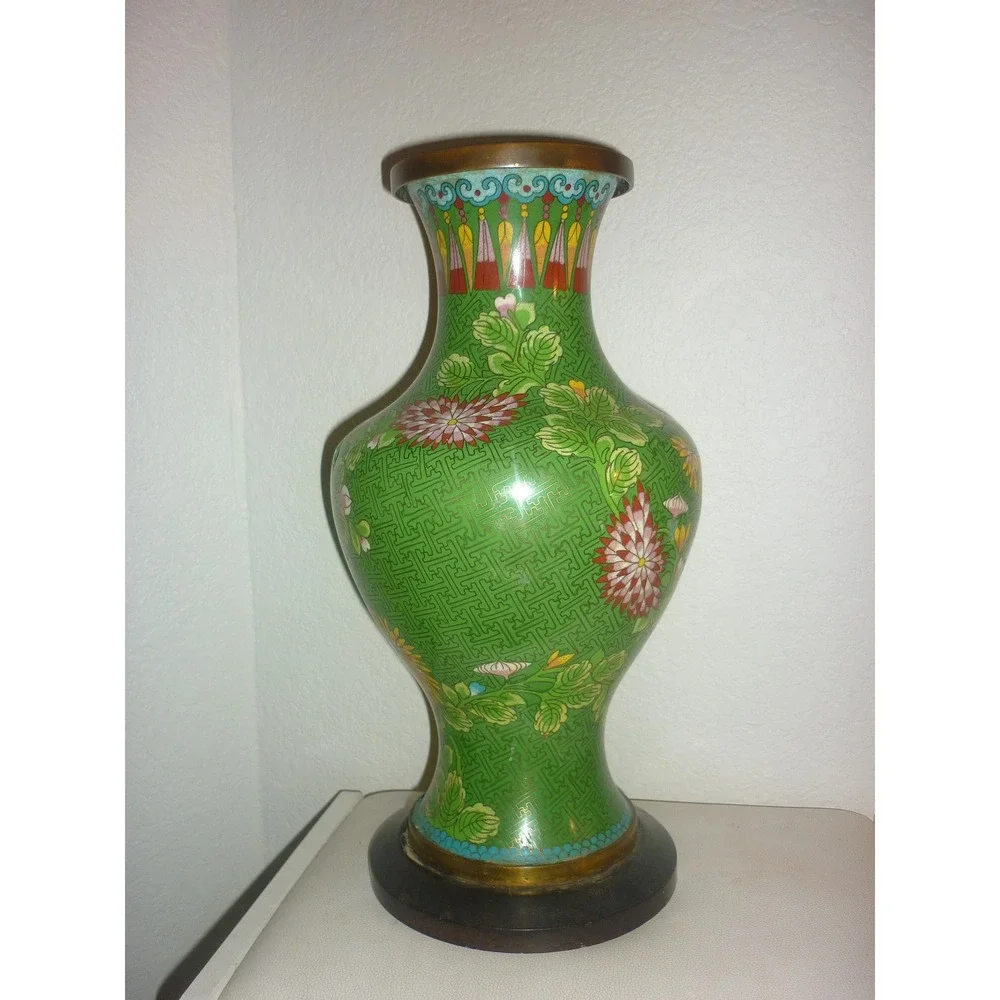 Vintage Green Cloisonne Enamel Floral‎ Vase Brass Wirework with Wood Base 16in